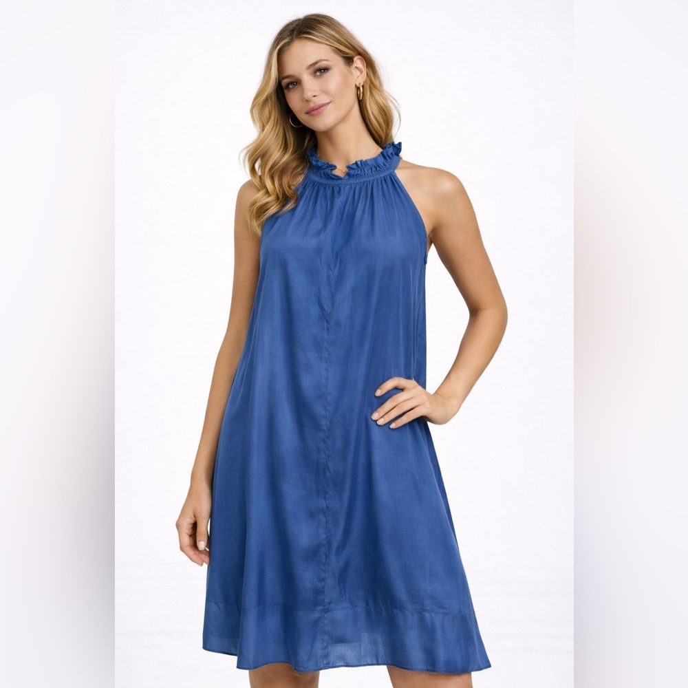 Mersea Blue Sleeveless Ruffle Neck Dress w/ Pockets Sz S/M Lightweight & Breezy